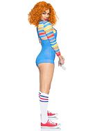 Chucky fra Child's Play (kvinne), kostyme-topp og romper, knapper, lomme, horisontale striper